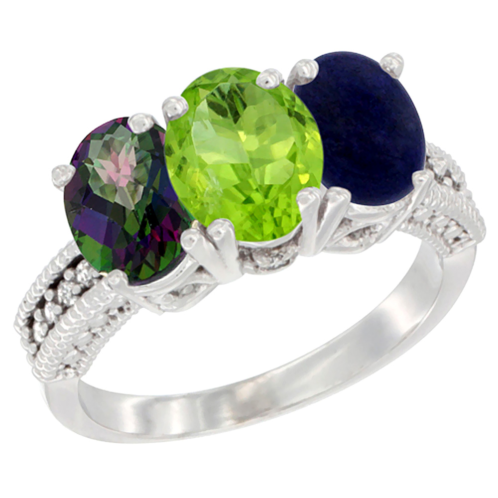 14K White Gold Natural Mystic Topaz, Peridot & Lapis Ring 3-Stone 7x5 mm Oval Diamond Accent, sizes 5 - 10