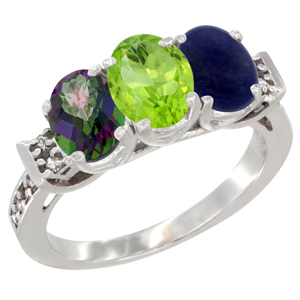 10K White Gold Natural Mystic Topaz, Peridot & Lapis Ring 3-Stone Oval 7x5 mm Diamond Accent, sizes 5 - 10