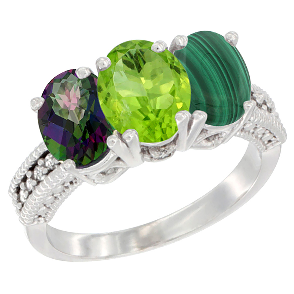 10K White Gold Natural Mystic Topaz, Peridot & Malachite Ring 3-Stone Oval 7x5 mm Diamond Accent, sizes 5 - 10