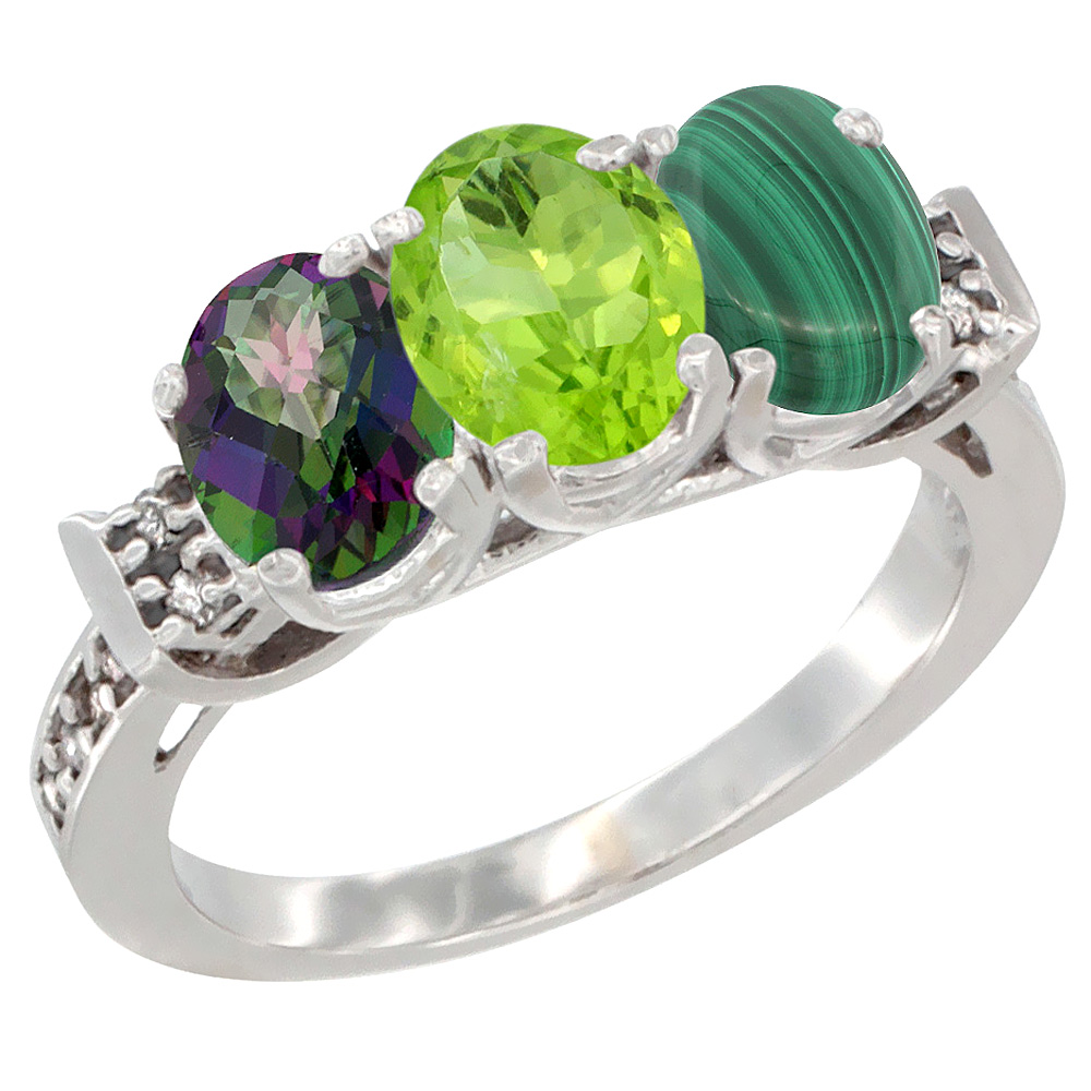 10K White Gold Natural Mystic Topaz, Peridot & Malachite Ring 3-Stone Oval 7x5 mm Diamond Accent, sizes 5 - 10