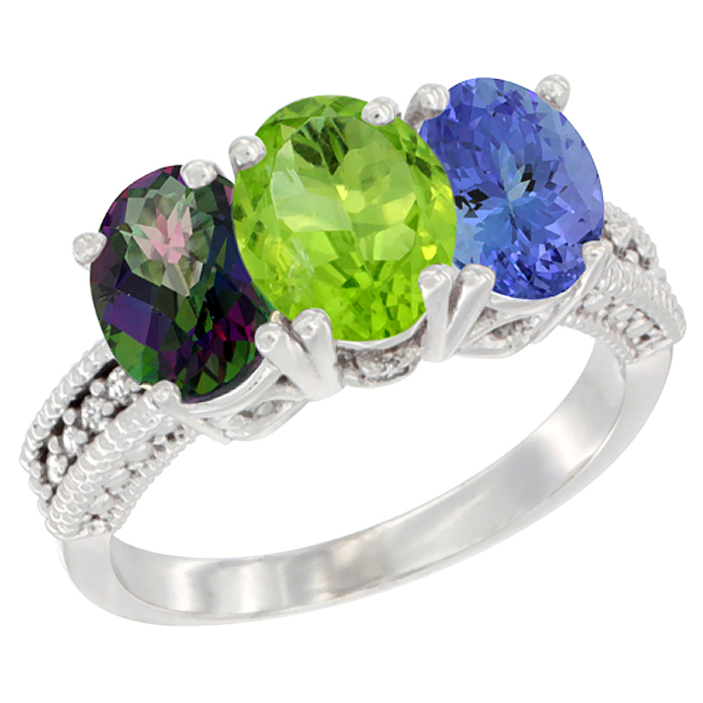 14K White Gold Natural Mystic Topaz, Peridot & Tanzanite Ring 3-Stone 7x5 mm Oval Diamond Accent, sizes 5 - 10