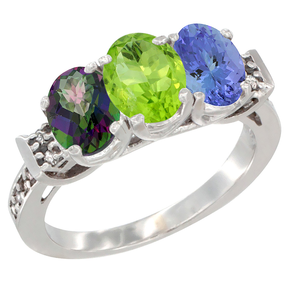 14K White Gold Natural Mystic Topaz, Peridot &amp; Tanzanite Ring 3-Stone Oval 7x5 mm Diamond Accent, sizes 5 - 10