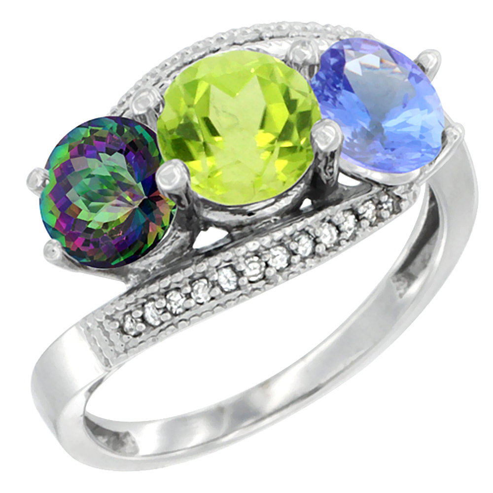 14K White Gold Natural Mystic Topaz, Peridot &amp; Tanzanite 3 stone Ring Round 6mm Diamond Accent, sizes 5 - 10