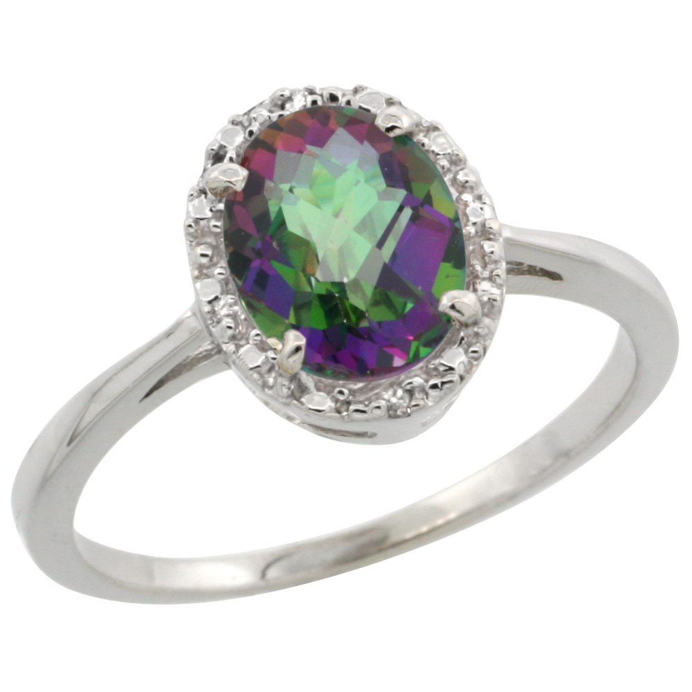 14K White Gold Natural Mystic Topaz Ring Oval 8x6 mm Diamond Halo, sizes 5-10