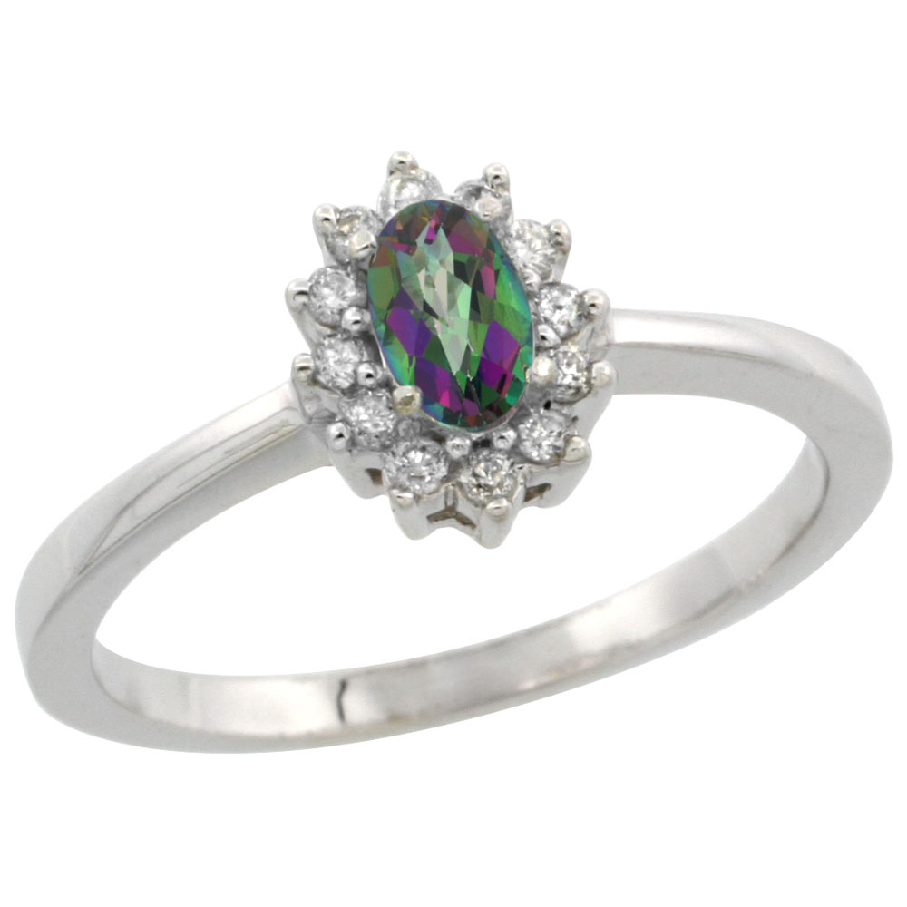 10k White Gold Natural Mystic Topaz Ring Oval 5x3mm Diamond Halo, sizes 5-10