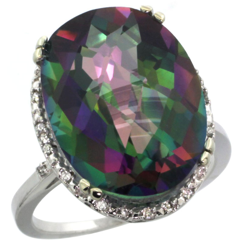 14K White Gold Natural Mystic Topaz Ring Large Oval 18x13mm Diamond Halo, sizes 5-10