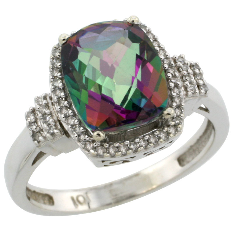 10k White Gold Natural Mystic Topaz Ring Cushion-cut 9x7mm Diamond Halo, sizes 5-10