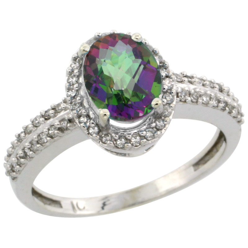 10k White Gold Natural Mystic Topaz Ring Oval 8x6mm Diamond Halo, sizes 5-10