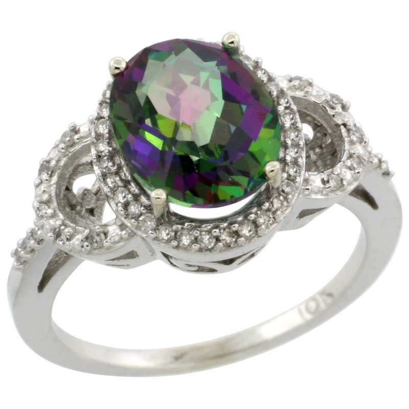 14K White Gold Natural Diamond Mystic Topaz Engagement Ring Oval 10x8mm, sizes 5-10