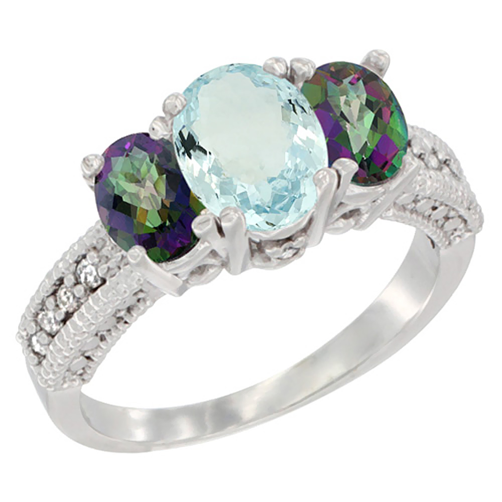 10K White Gold Diamond Natural Aquamarine Ring Oval 3-stone with Mystic Topaz, sizes 5 - 10