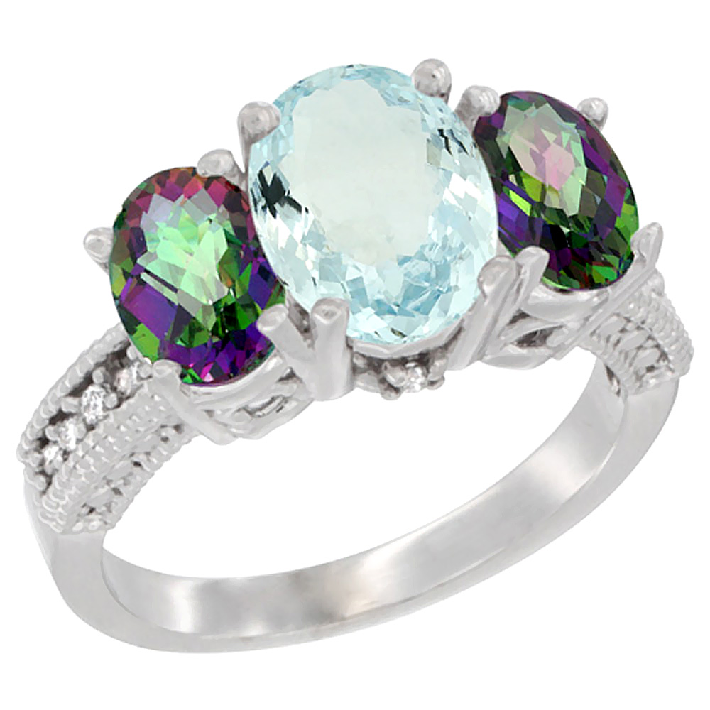 14K White Gold Diamond Natural Aquamarine Ring 3-Stone Oval 8x6mm with Mystic Topaz, sizes5-10