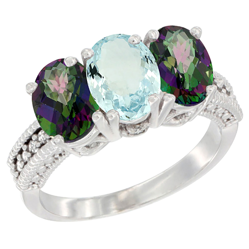 10K White Gold Natural Aquamarine & Mystic Topaz Sides Ring 3-Stone Oval 7x5 mm Diamond Accent, sizes 5 - 10