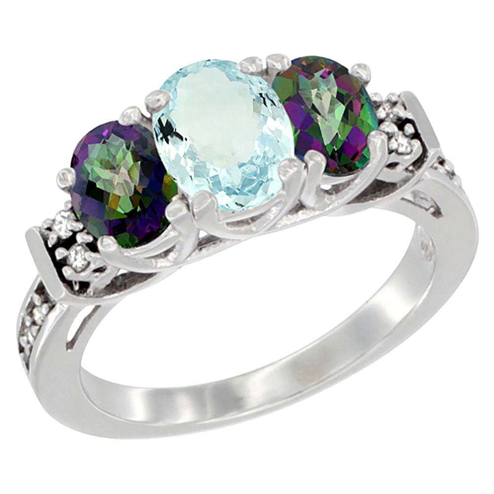 14K White Gold Natural Aquamarine & Mystic Topaz Ring 3-Stone Oval Diamond Accent, sizes 5-10