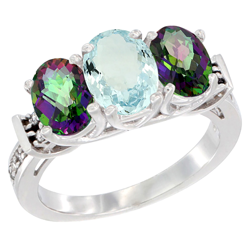 14K White Gold Natural Aquamarine & Mystic Topaz Sides Ring 3-Stone Oval Diamond Accent, sizes 5 - 10