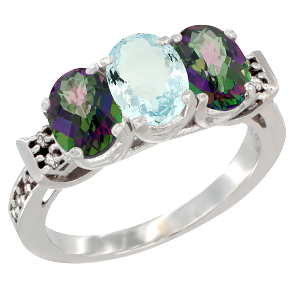 14K White Gold Natural Aquamarine & Mystic Topaz Sides Ring 3-Stone Oval 7x5 mm Diamond Accent, sizes 5 - 10