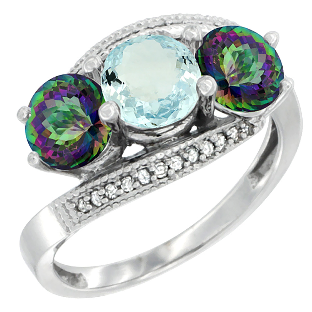 14K White Gold Natural Aquamarine & Mystic Topaz Sides 3 stone Ring Round 6mm Diamond Accent, sizes 5 - 10