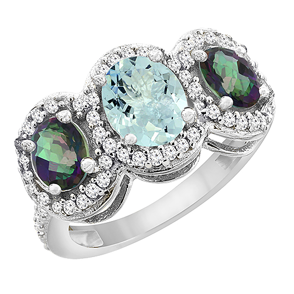 14K White Gold Natural Aquamarine & Mystic Topaz 3-Stone Ring Oval Diamond Accent, sizes 5 - 10