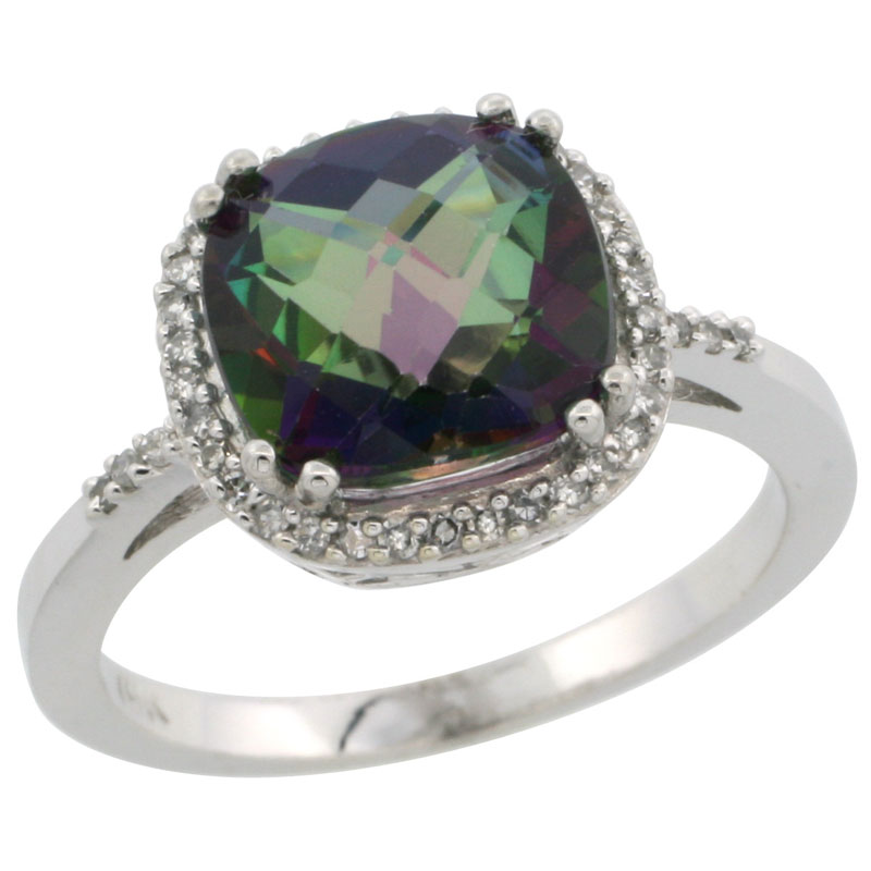 10K White Gold Diamond Natural Mystic Topaz Ring Cushion-cut 9x9mm, sizes 5-10