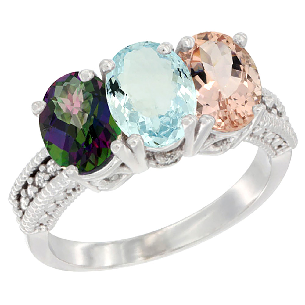 14K White Gold Natural Mystic Topaz, Aquamarine & Morganite Ring 3-Stone 7x5 mm Oval Diamond Accent, sizes 5 - 10