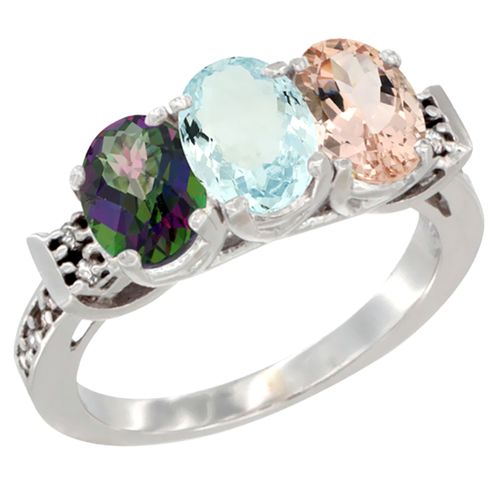 14K White Gold Natural Mystic Topaz, Aquamarine & Morganite Ring 3-Stone Oval 7x5 mm Diamond Accent, sizes 5 - 10