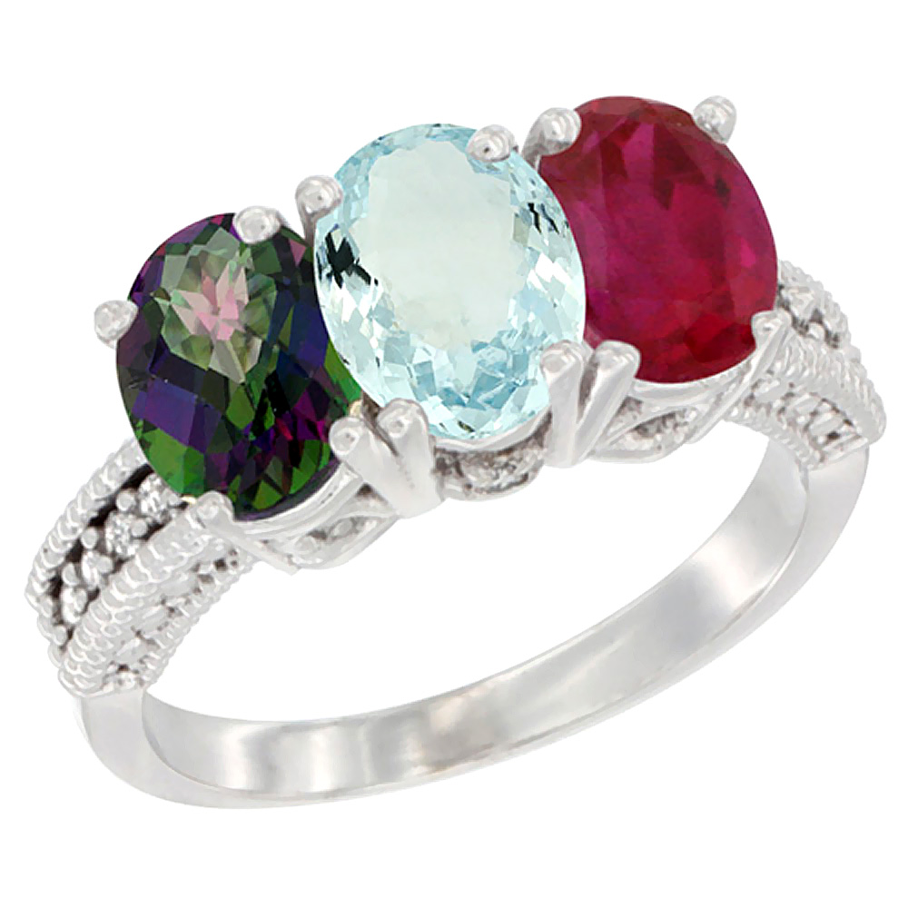 14K White Gold Natural Mystic Topaz, Aquamarine & Enhanced Ruby Ring 3-Stone 7x5 mm Oval Diamond Accent, sizes 5 - 10