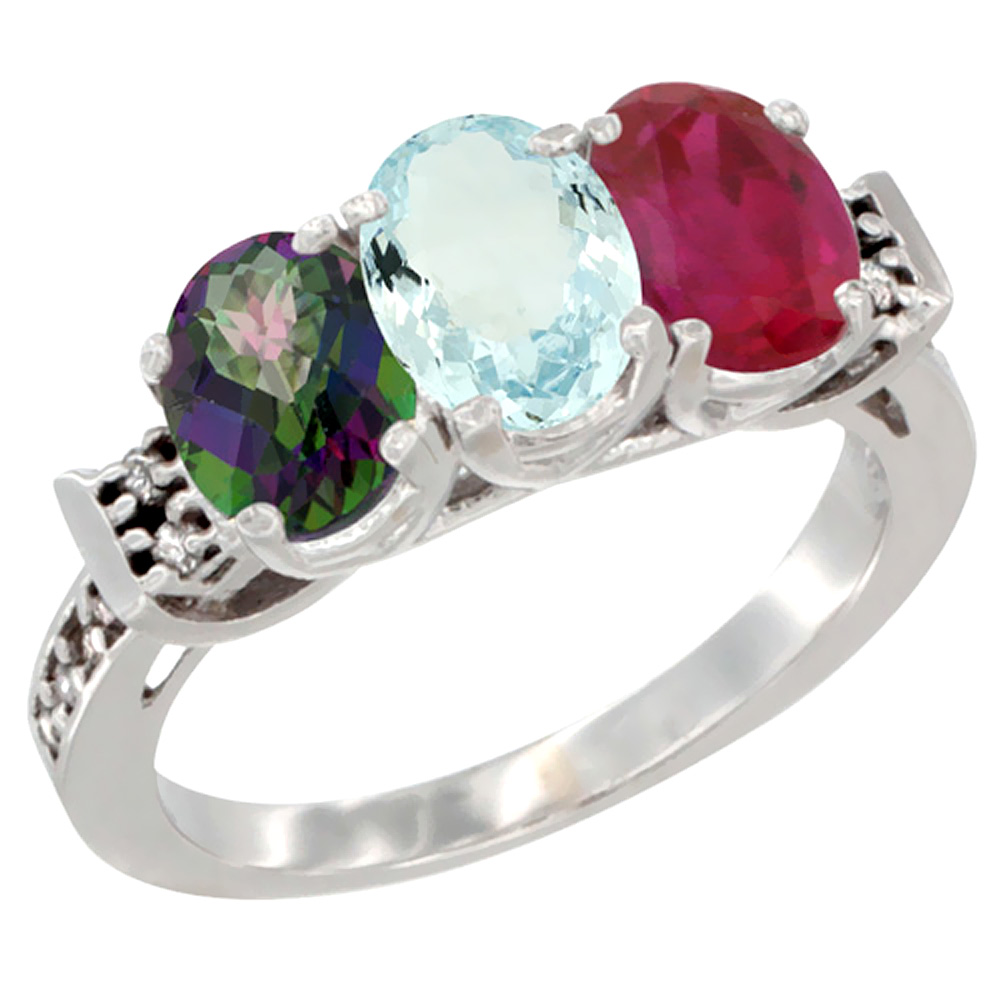 14K White Gold Natural Mystic Topaz, Aquamarine & Enhanced Ruby Ring 3-Stone Oval 7x5 mm Diamond Accent, sizes 5 - 10