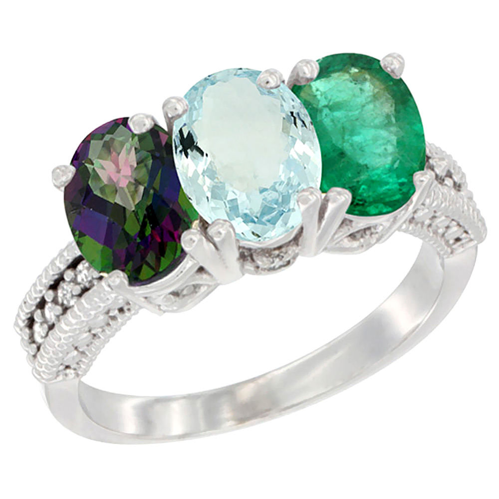 14K White Gold Natural Mystic Topaz, Aquamarine &amp; Emerald Ring 3-Stone 7x5 mm Oval Diamond Accent, sizes 5 - 10