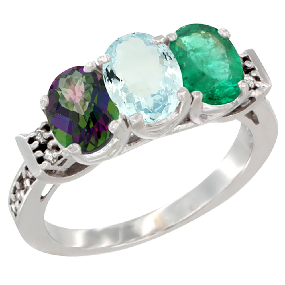 14K White Gold Natural Mystic Topaz, Aquamarine & Emerald Ring 3-Stone Oval 7x5 mm Diamond Accent, sizes 5 - 10