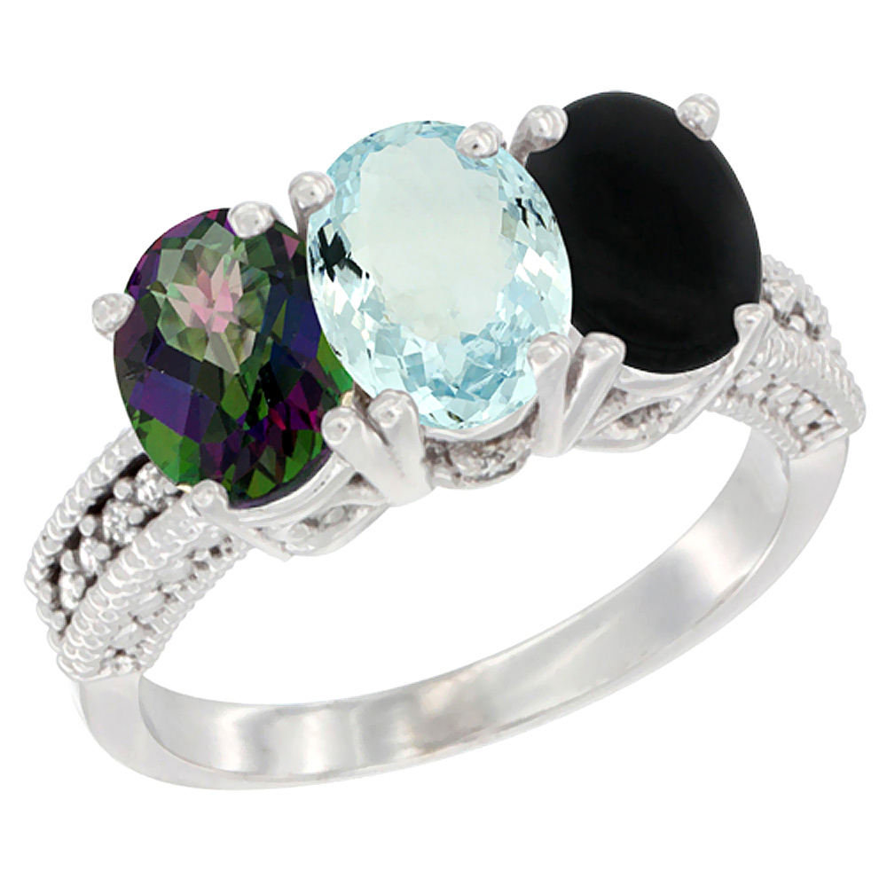 14K White Gold Natural Mystic Topaz, Aquamarine & Black Onyx Ring 3-Stone 7x5 mm Oval Diamond Accent, sizes 5 - 10