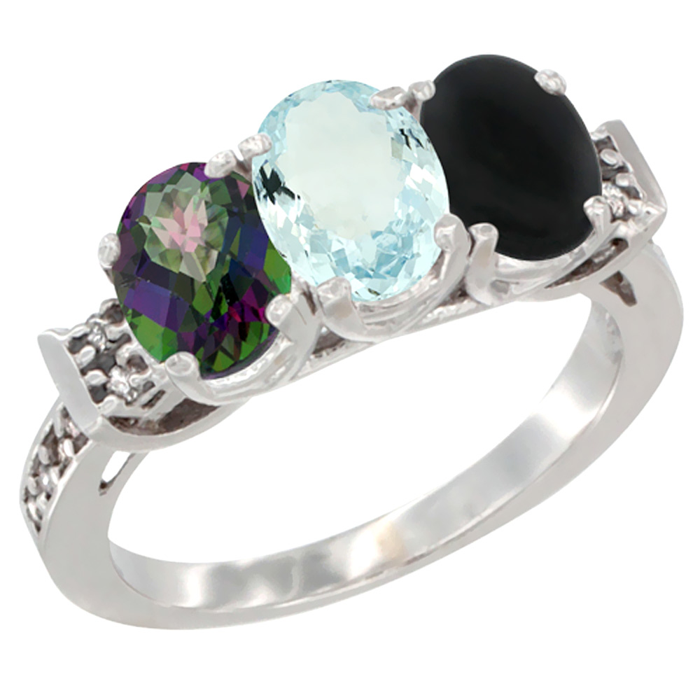 10K White Gold Natural Mystic Topaz, Aquamarine & Black Onyx Ring 3-Stone Oval 7x5 mm Diamond Accent, sizes 5 - 10