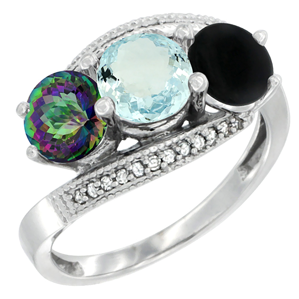 10K White Gold Natural Mystic Topaz, Aquamarine &amp; Black Onyx 3 stone Ring Round 6mm Diamond Accent, sizes 5 - 10