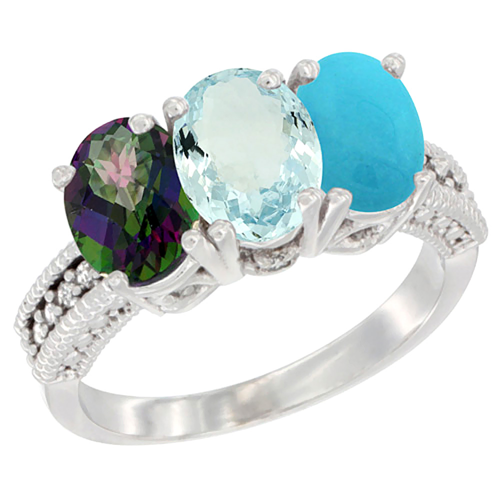 14K White Gold Natural Mystic Topaz, Aquamarine &amp; Turquoise Ring 3-Stone 7x5 mm Oval Diamond Accent, sizes 5 - 10