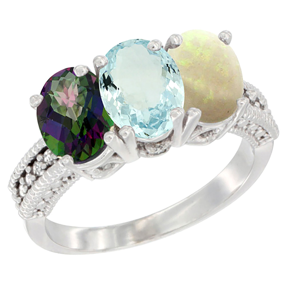 10K White Gold Natural Mystic Topaz, Aquamarine &amp; Opal Ring 3-Stone Oval 7x5 mm Diamond Accent, sizes 5 - 10