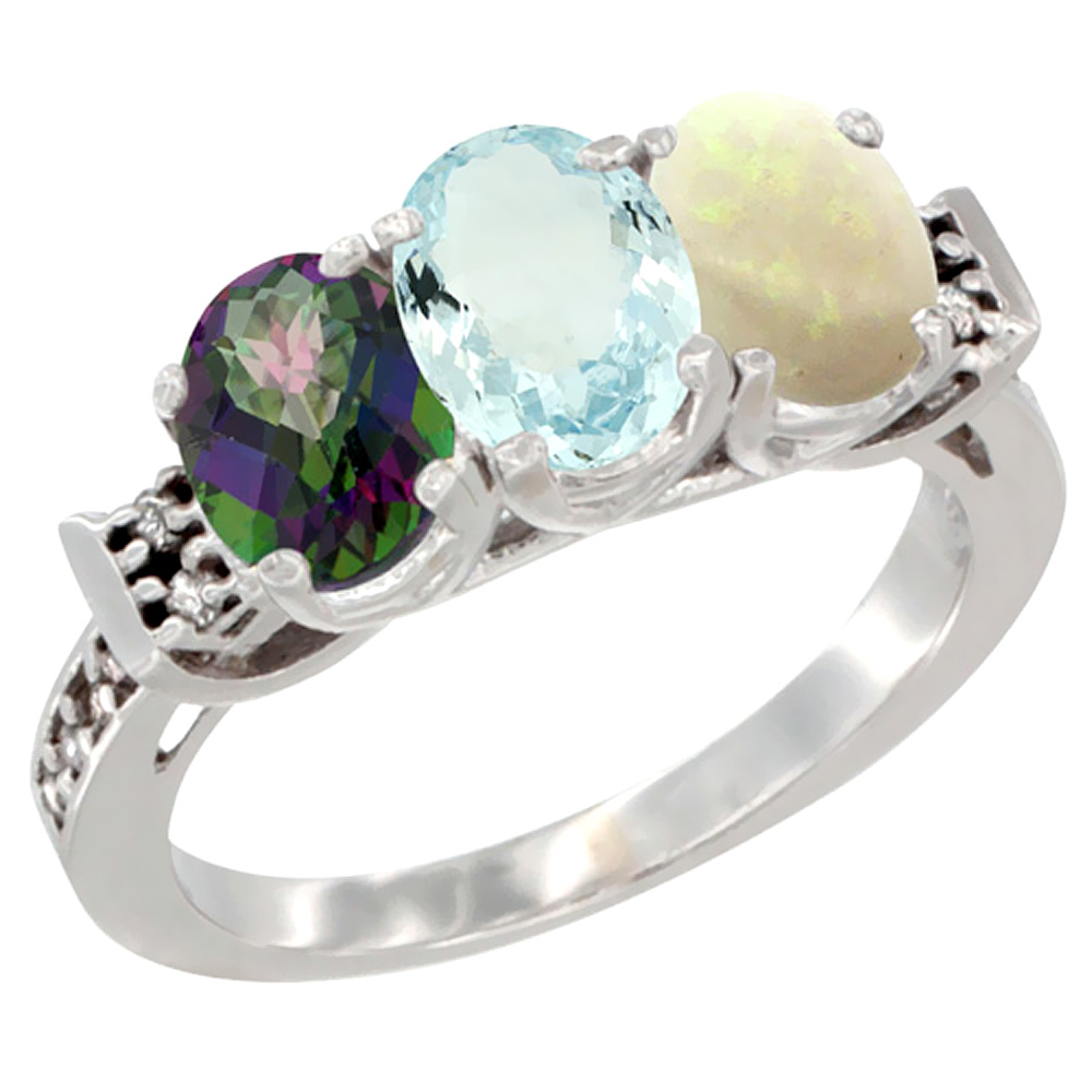 14K White Gold Natural Mystic Topaz, Aquamarine & Opal Ring 3-Stone Oval 7x5 mm Diamond Accent, sizes 5 - 10