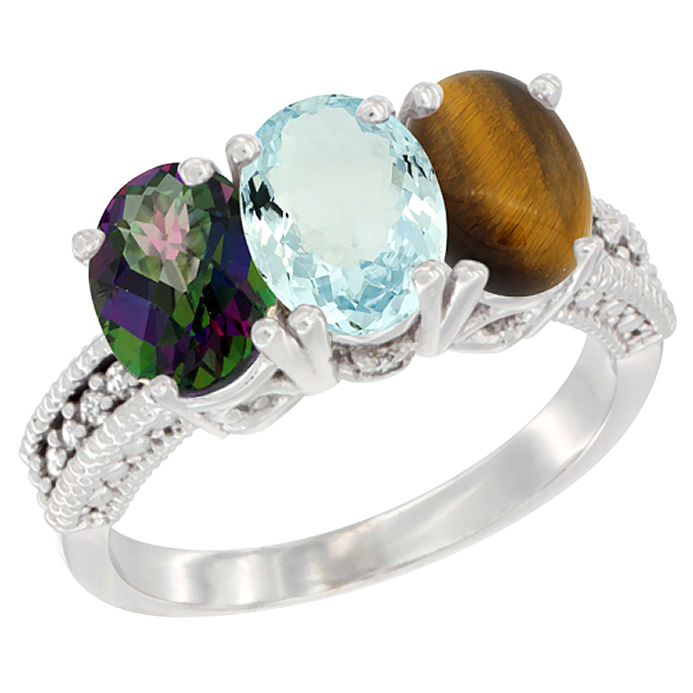 14K White Gold Natural Mystic Topaz, Aquamarine & Tiger Eye Ring 3-Stone 7x5 mm Oval Diamond Accent, sizes 5 - 10