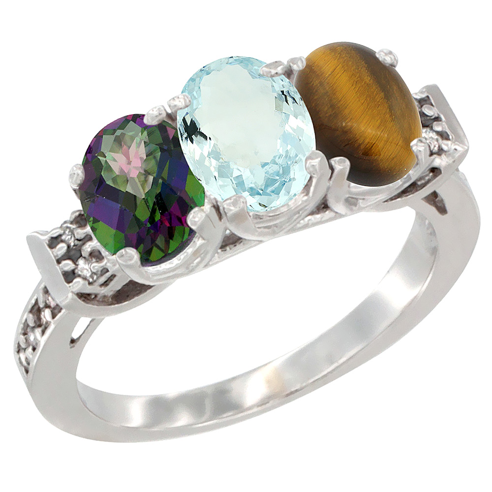 10K White Gold Natural Mystic Topaz, Aquamarine & Tiger Eye Ring 3-Stone Oval 7x5 mm Diamond Accent, sizes 5 - 10