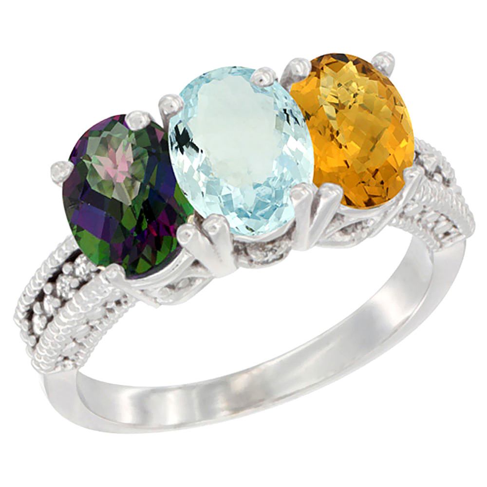 14K White Gold Natural Mystic Topaz, Aquamarine & Whisky Quartz Ring 3-Stone 7x5 mm Oval Diamond Accent, sizes 5 - 10