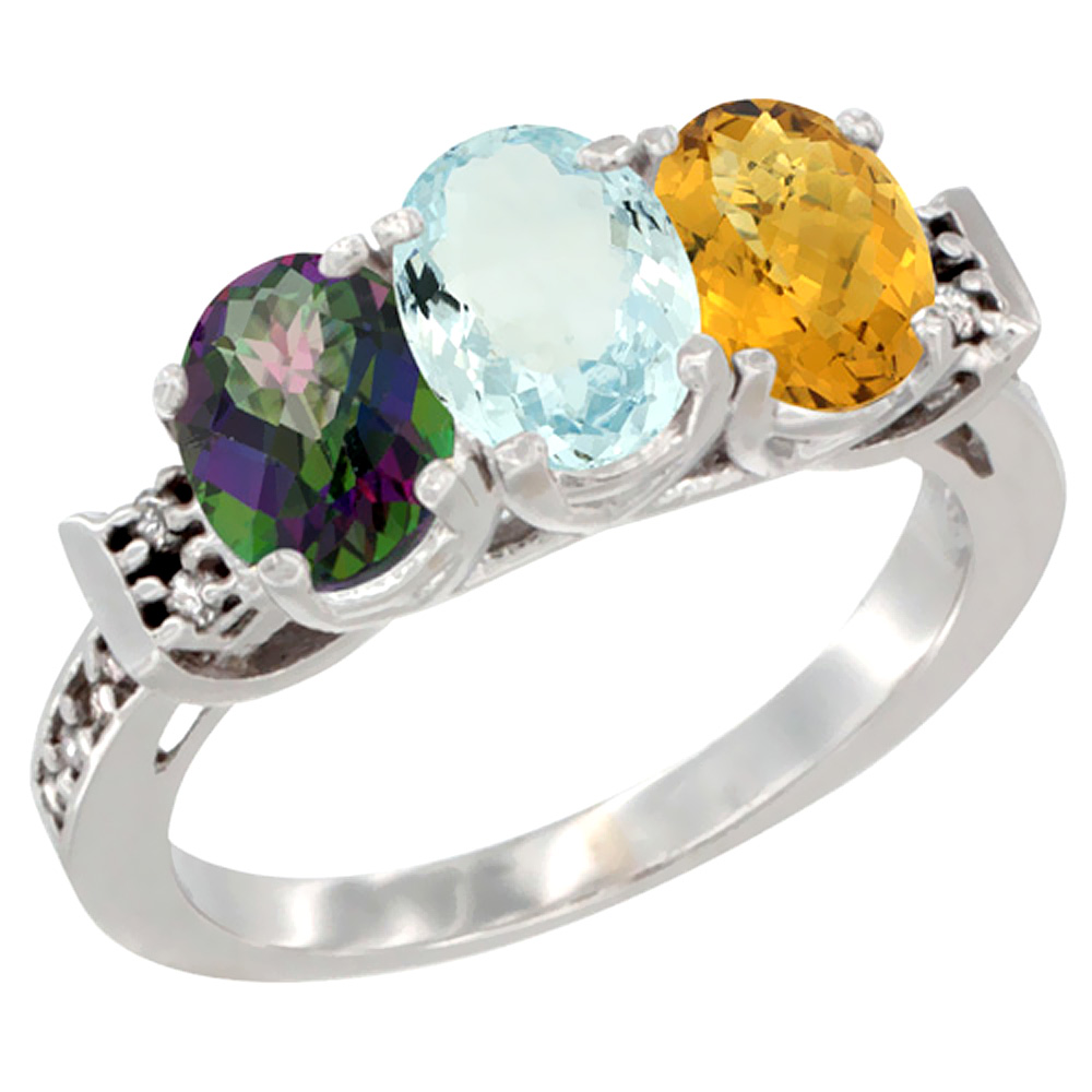 10K White Gold Natural Mystic Topaz, Aquamarine & Whisky Quartz Ring 3-Stone Oval 7x5 mm Diamond Accent, sizes 5 - 10