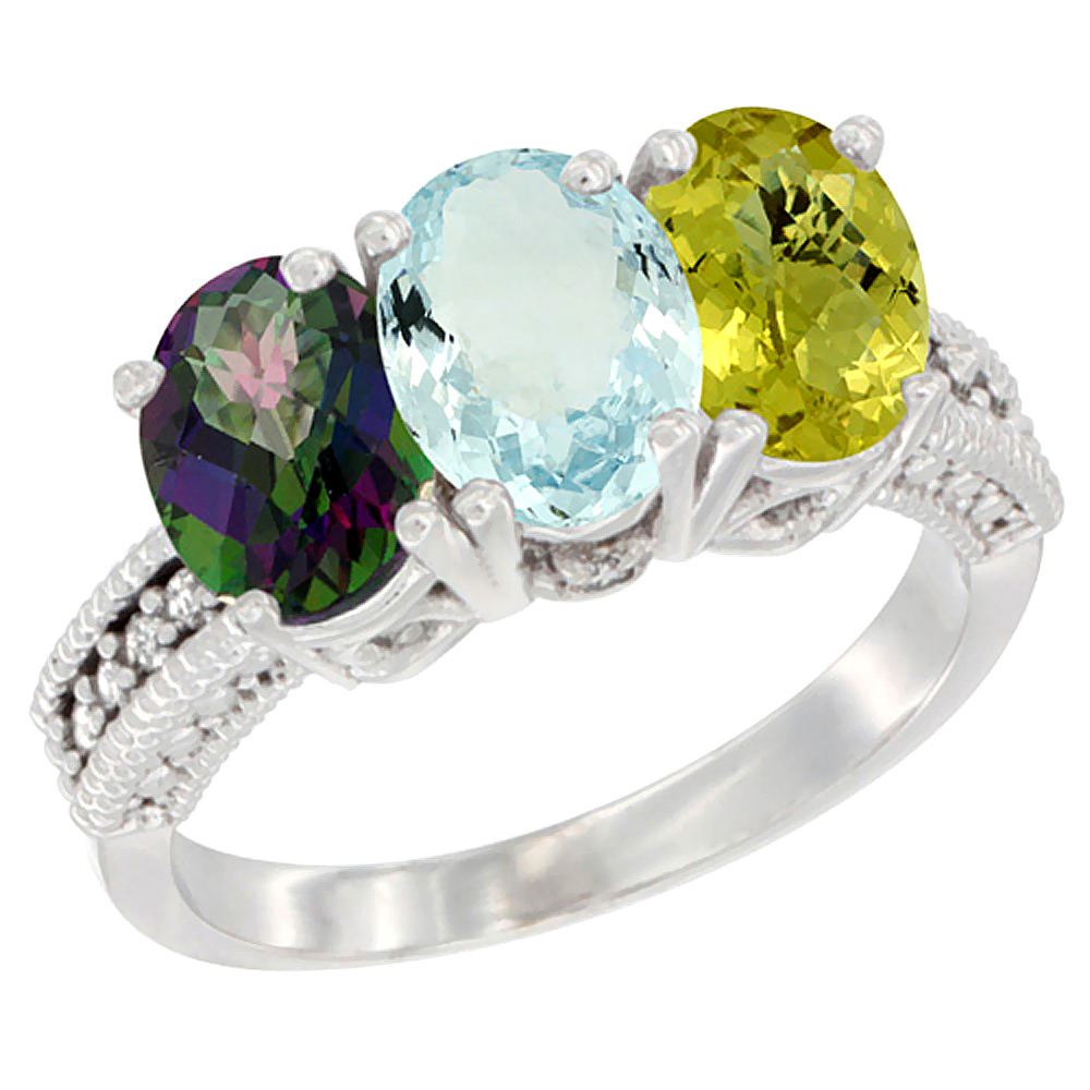 14K White Gold Natural Mystic Topaz, Aquamarine &amp; Lemon Quartz Ring 3-Stone 7x5 mm Oval Diamond Accent, sizes 5 - 10