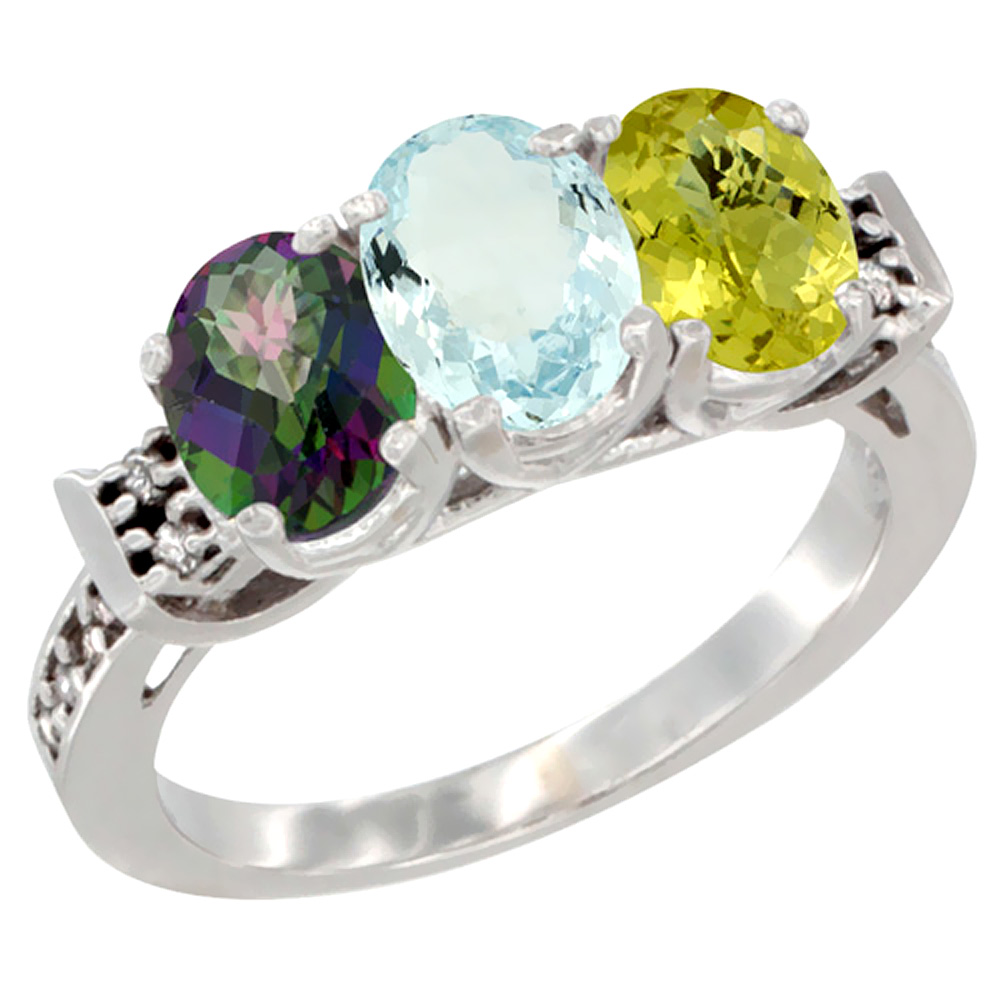 10K White Gold Natural Mystic Topaz, Aquamarine & Lemon Quartz Ring 3-Stone Oval 7x5 mm Diamond Accent, sizes 5 - 10