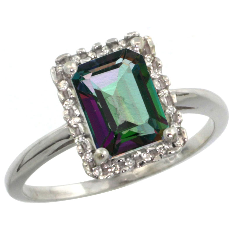14K White Gold Diamond Natural Mystic Topaz Ring Emerald-cut 8x6mm, sizes 5-10