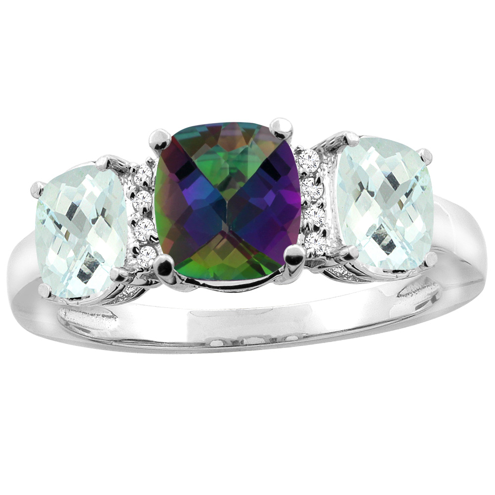 14K White Gold Natural Mystic Topaz & Aquamarine 3-stone Ring Cushion 8x6mm Diamond Accent, sizes 5 - 10