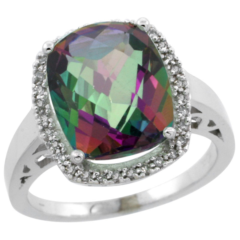 14K White Gold Natural Diamond Mystic Topaz Ring Cushion-cut 12x10mm, sizes 5-10