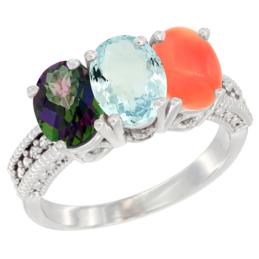 14K White Gold Natural Mystic Topaz, Aquamarine & Coral Ring 3-Stone 7x5 mm Oval Diamond Accent, sizes 5 - 10