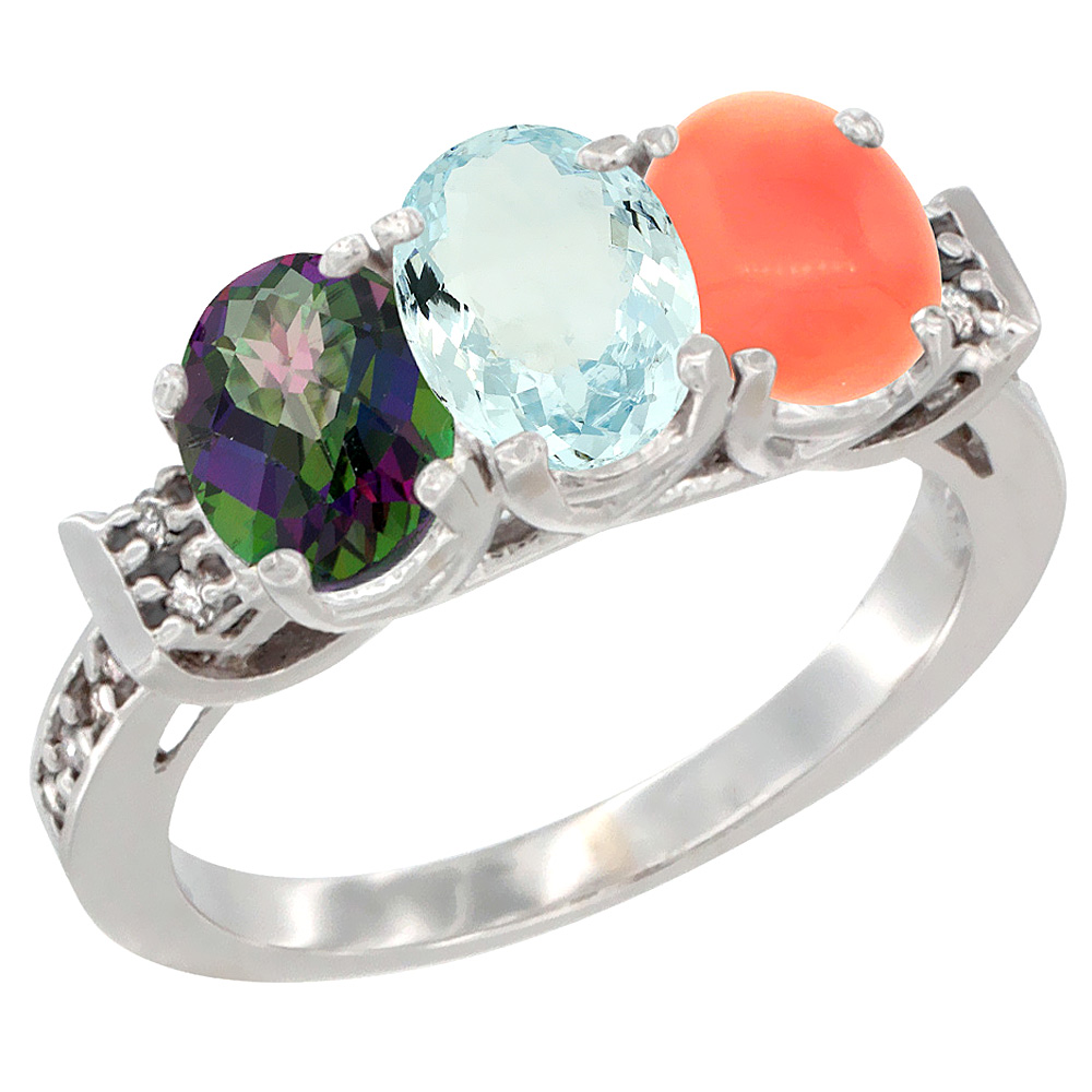 14K White Gold Natural Mystic Topaz, Aquamarine & Coral Ring 3-Stone Oval 7x5 mm Diamond Accent, sizes 5 - 10