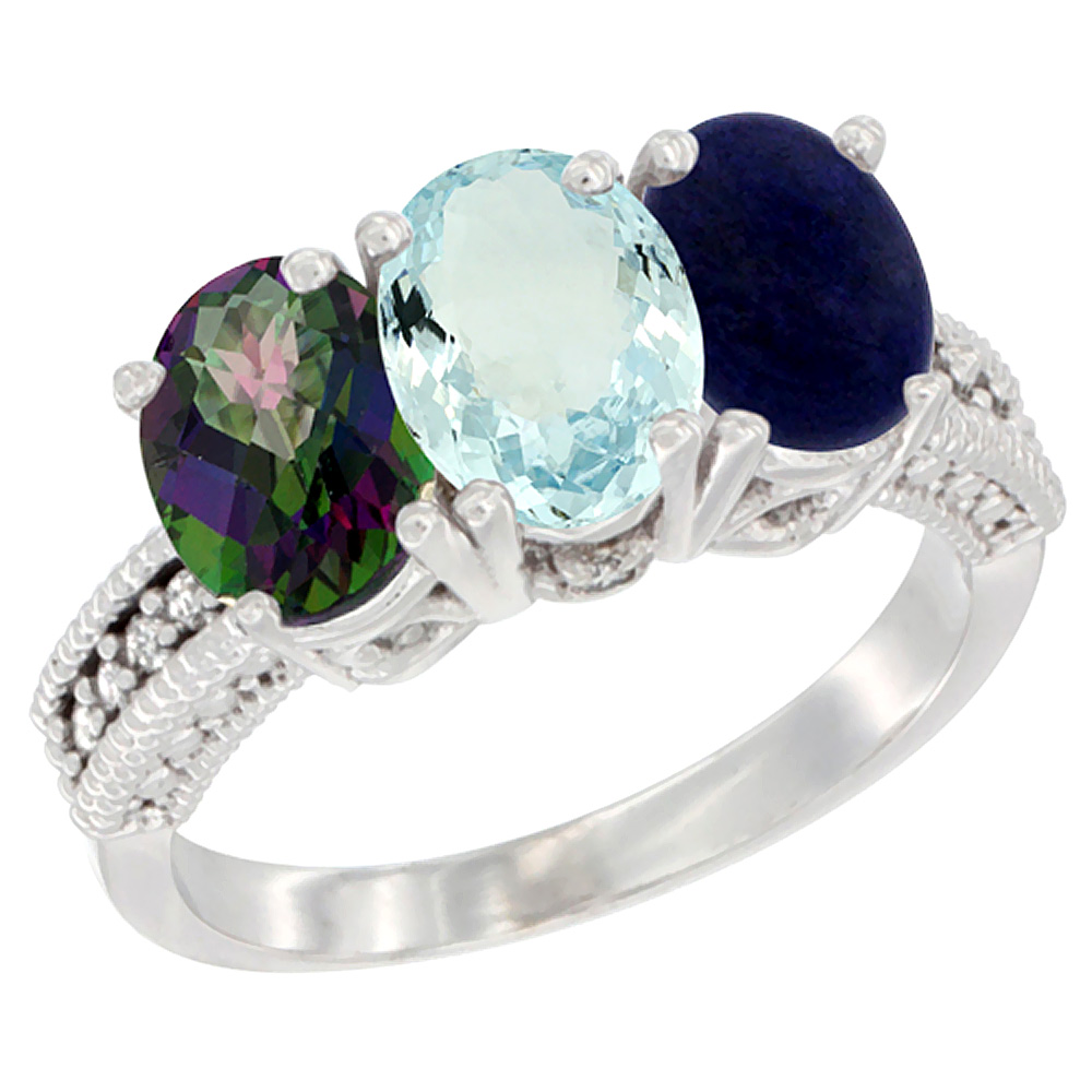 14K White Gold Natural Mystic Topaz, Aquamarine & Lapis Ring 3-Stone 7x5 mm Oval Diamond Accent, sizes 5 - 10