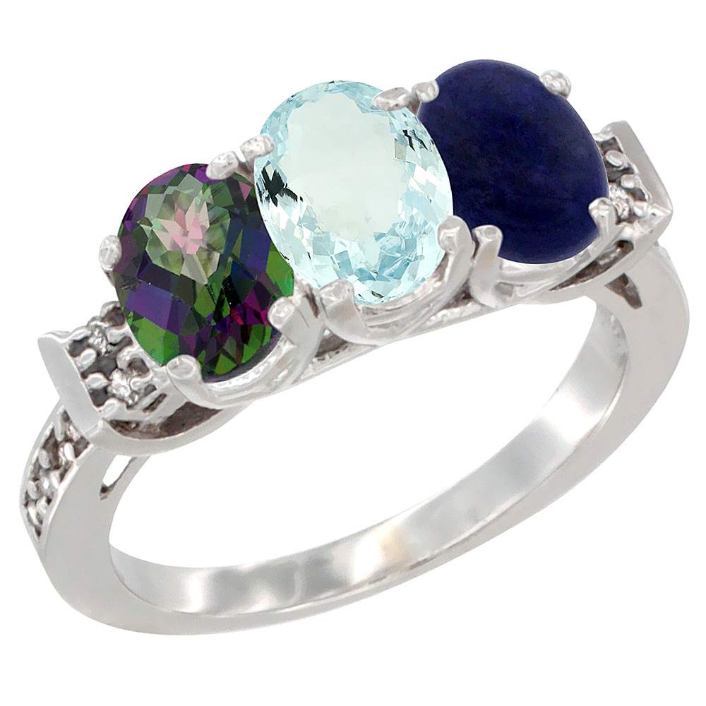 14K White Gold Natural Mystic Topaz, Aquamarine &amp; Lapis Ring 3-Stone Oval 7x5 mm Diamond Accent, sizes 5 - 10