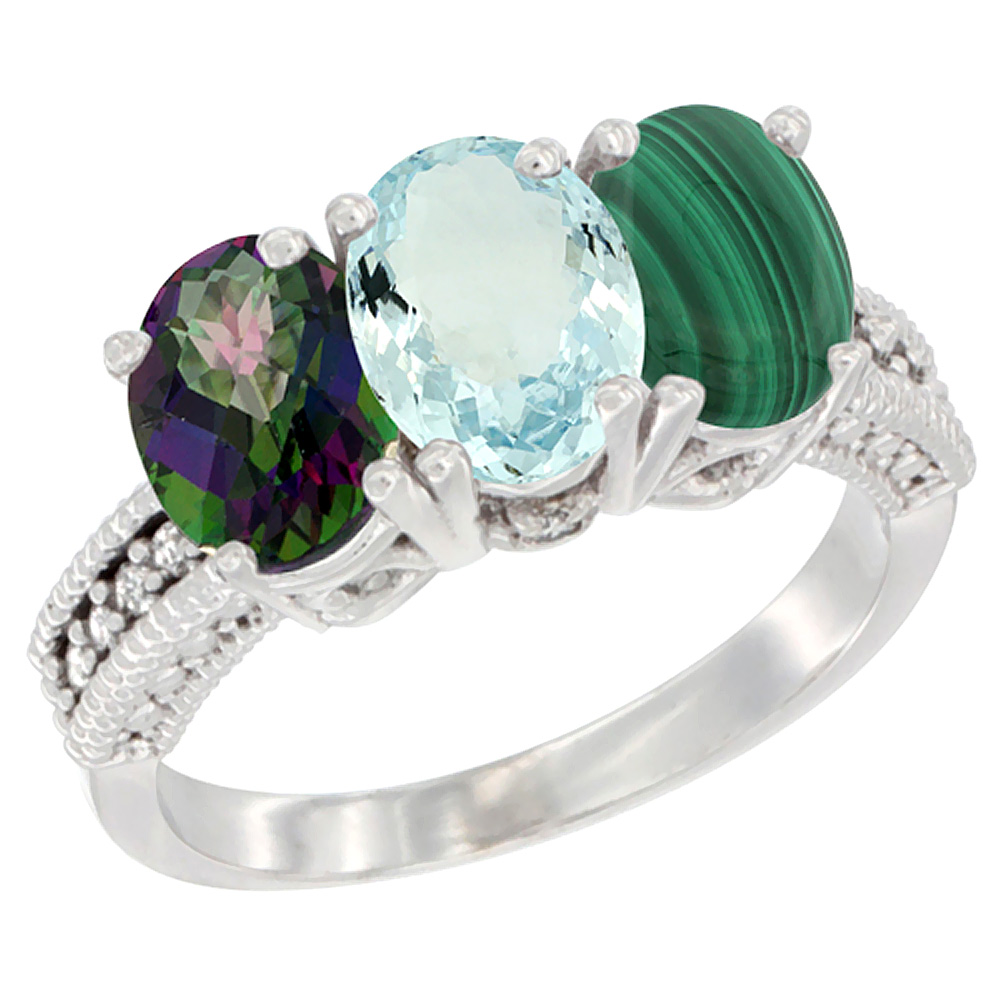 14K White Gold Natural Mystic Topaz, Aquamarine & Malachite Ring 3-Stone 7x5 mm Oval Diamond Accent, sizes 5 - 10