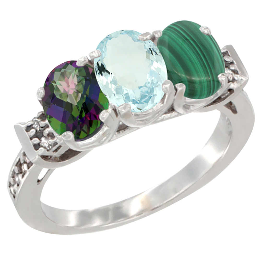 14K White Gold Natural Mystic Topaz, Aquamarine & Malachite Ring 3-Stone Oval 7x5 mm Diamond Accent, sizes 5 - 10