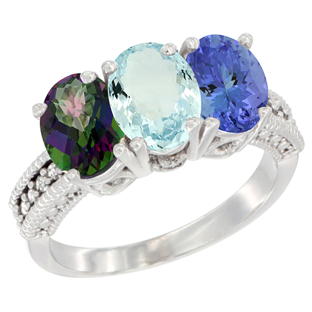 10K White Gold Natural Mystic Topaz, Aquamarine & Tanzanite Ring 3-Stone Oval 7x5 mm Diamond Accent, sizes 5 - 10